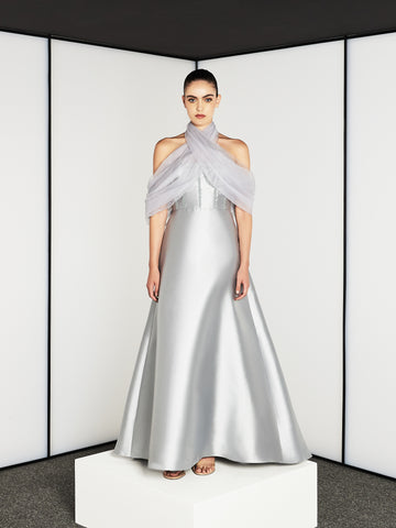 EMBROIDERED SATIN DRESS LAYERED WITH TWO TONE TULLE