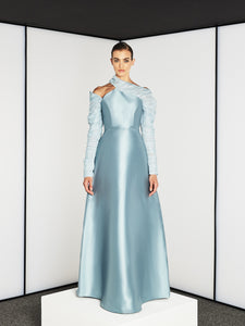 ASYMMETRIC TWO TONED TULLE SLEEVES AND SATIN DRESS