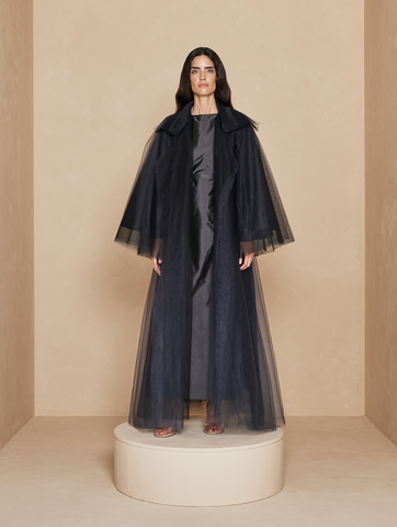 BLACK OMBRE TULLE DOUBLE LAYERED ABAYA WITH TAFFETA INNER AND BELT