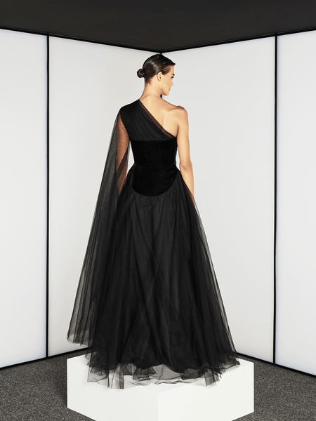 BLACK VELVET AND TULLE CORSET DRESS WITH TRAIL