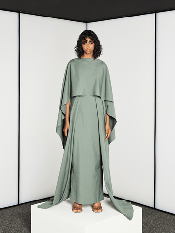 CREPE PANELED DRESS WITH TRAIL AND OVERLAY