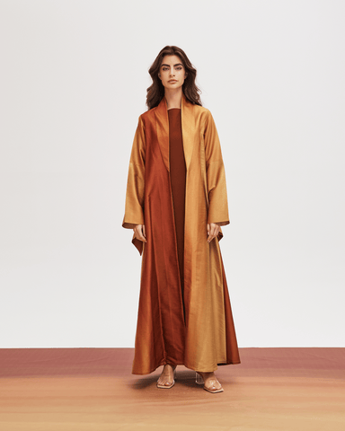 ORANGE OMBRE PRINTED RAW SILK ABAYA WITH CREPE INNER DRESS