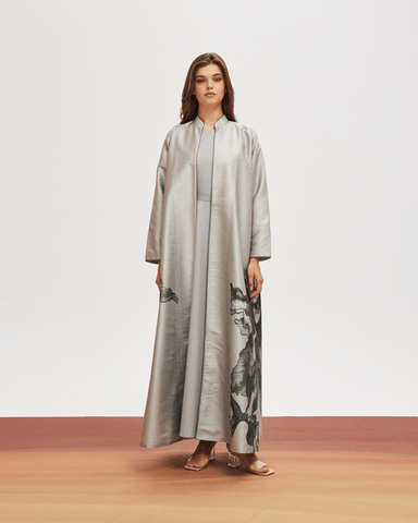 GREY LEAF PRINTED RAW SILK ABAYA WITH CREPE INNER DRESS