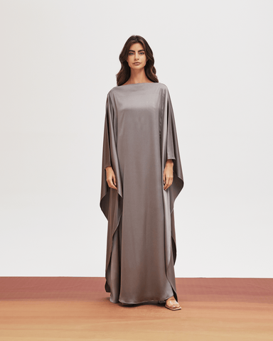 GREY SILK CREPE LOOSE FIT DRESS WITH EMBROIDERED TASSELS