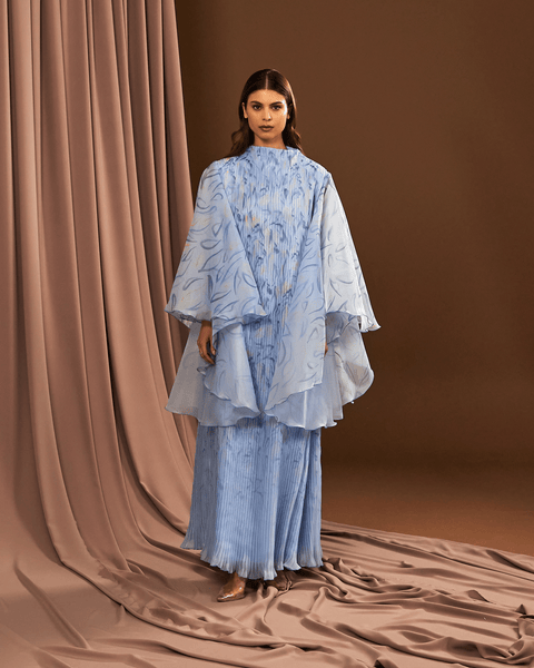 POWDER BLUE PRINTED AND PLEATED ORGANZA DRESS WITH FLARED SLEEVES