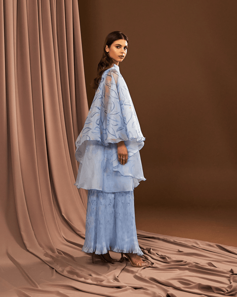 POWDER BLUE PRINTED AND PLEATED ORGANZA DRESS WITH FLARED SLEEVES