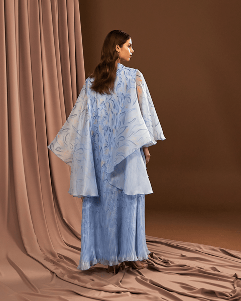 POWDER BLUE PRINTED AND PLEATED ORGANZA DRESS WITH FLARED SLEEVES