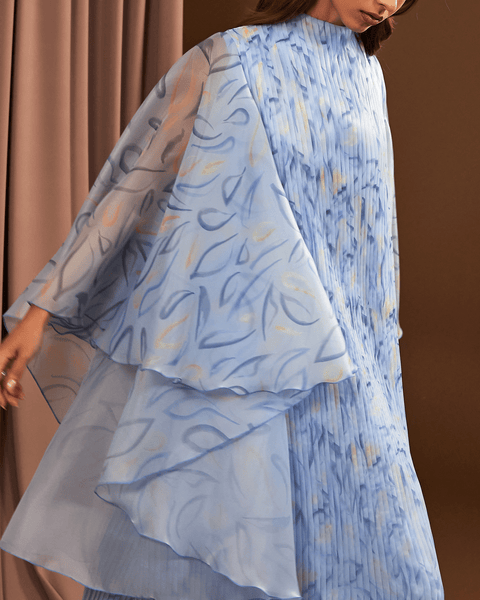 POWDER BLUE PRINTED AND PLEATED ORGANZA DRESS WITH FLARED SLEEVES