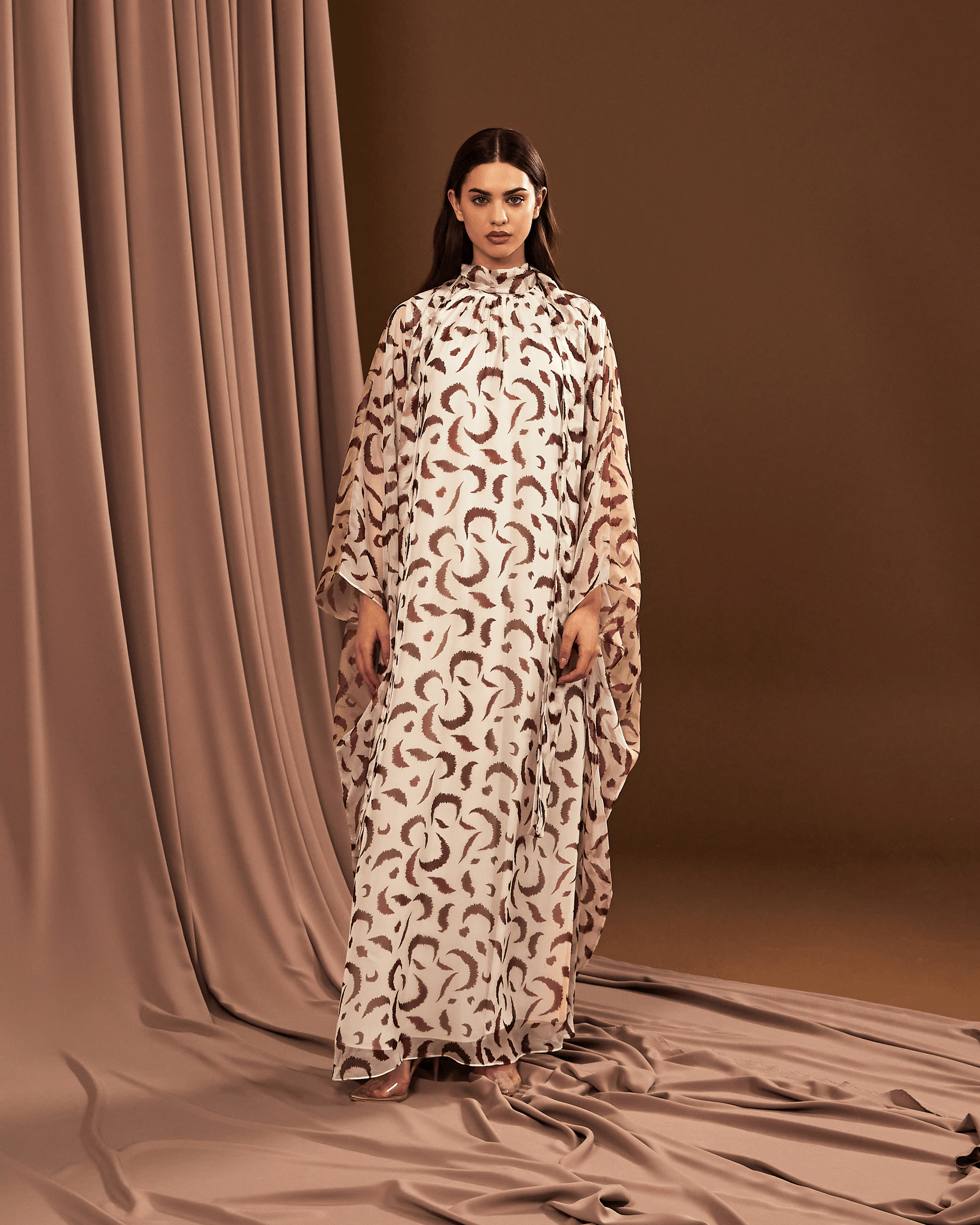 BEIGE DOUBLE SIDE PRINTED CHIFFON OVERSIZED DRESS