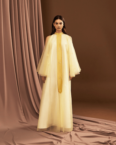 YELLOW TULLE EMBROIDERED OVERSIZED DRESS WITH FLARED SLEEVES