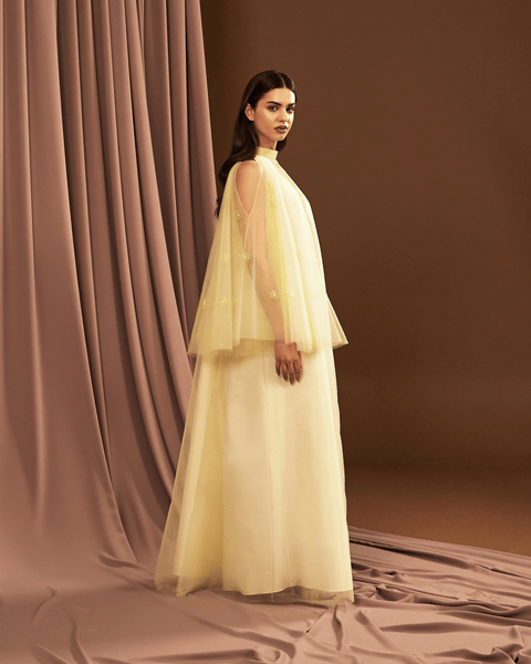 YELLOW TULLE EMBROIDERED OVERSIZED DRESS WITH FLARED SLEEVES