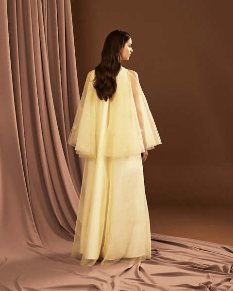 YELLOW TULLE EMBROIDERED OVERSIZED DRESS WITH FLARED SLEEVES