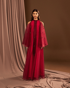 RED TULLE EMBROIDERED OVERSIZED DRESS WITH FLARED SLEEVES