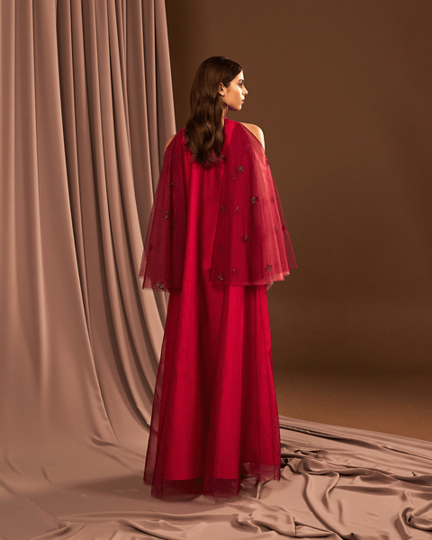 RED TULLE EMBROIDERED OVERSIZED DRESS WITH FLARED SLEEVES