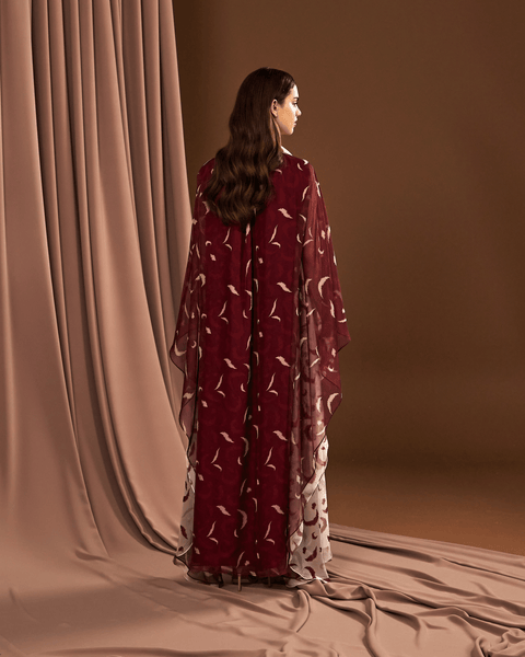 MAROON DOUBLE SIDE PRINTED CHIFFON OVERSIZED DRESS