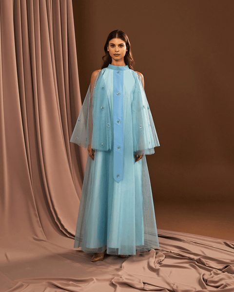 BLUE TULLE EMBROIDERED OVERSIZED DRESS WITH FLARED SLEEVES