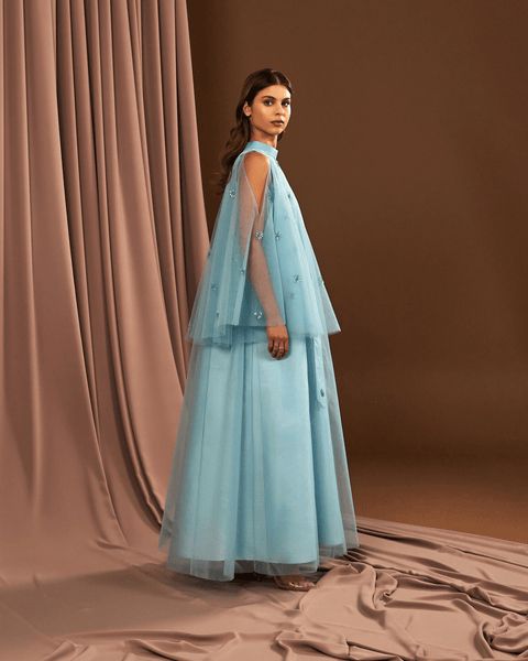 BLUE TULLE EMBROIDERED OVERSIZED DRESS WITH FLARED SLEEVES