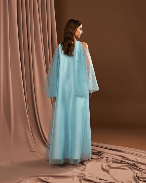 BLUE TULLE EMBROIDERED OVERSIZED DRESS WITH FLARED SLEEVES