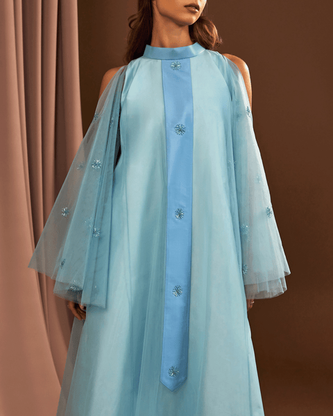 BLUE TULLE EMBROIDERED OVERSIZED DRESS WITH FLARED SLEEVES