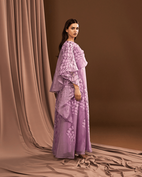 LILAC PRINTED ORGANZA OVERLAP LOOSE FIT DRESS