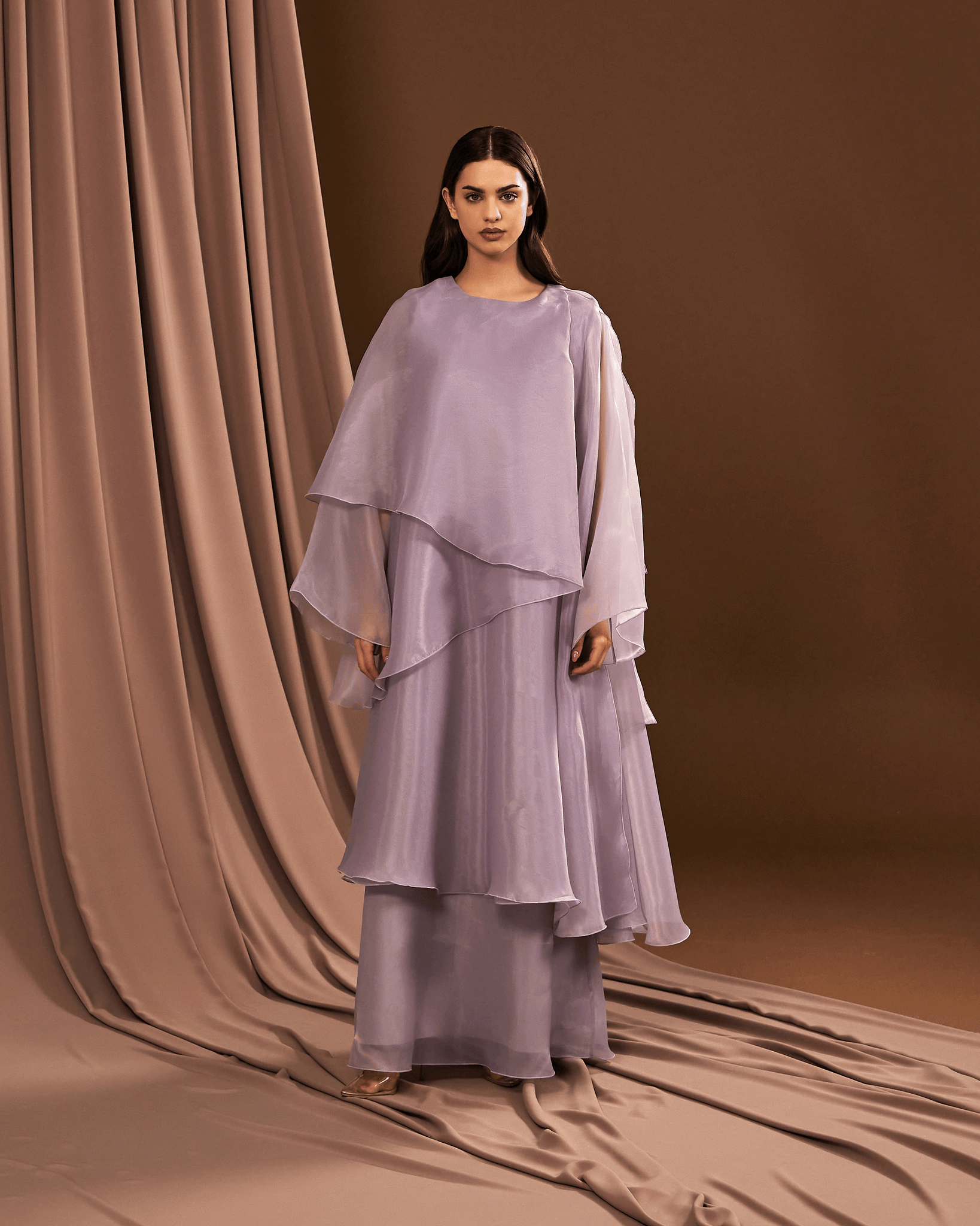 MAUVE ORGANZA DRAPED OVERLAY DRESS