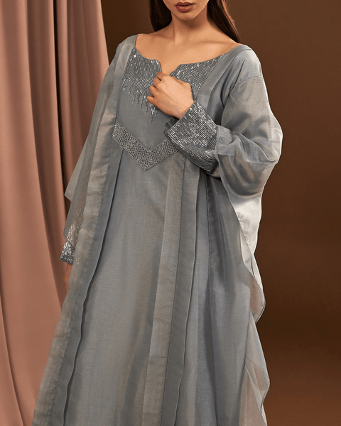 GREY COTTON EMBROIDERED THOUB