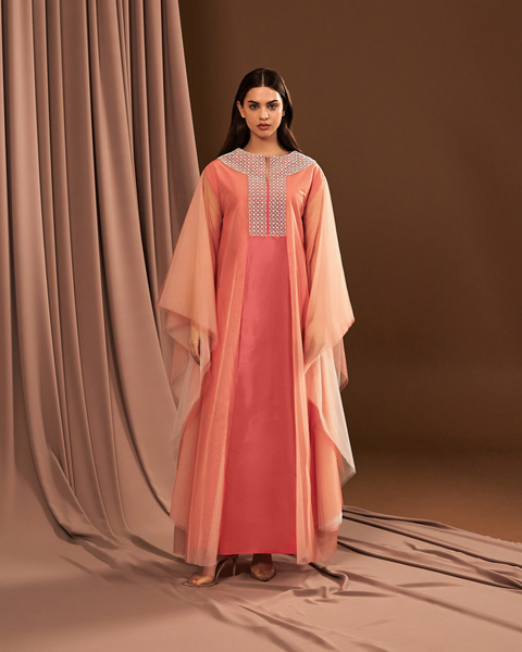 PEACH TULLE AND TAFFETA EMBROIDERED LOOSE FIT DRESS