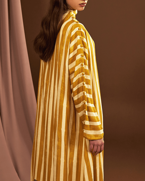 YELLOW PRINTED LINEN LOOSE FIT DRESS