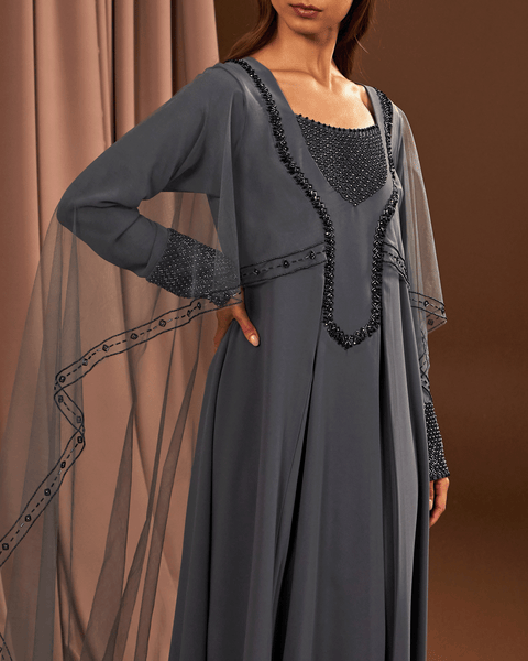 GREY EMBROIDERED THOUB WITH ATTACHED TULLE CAPE