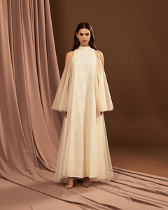 OFF WHITE EMBROIDERED TULLE AND COTTON LOOSE FIT DRESS