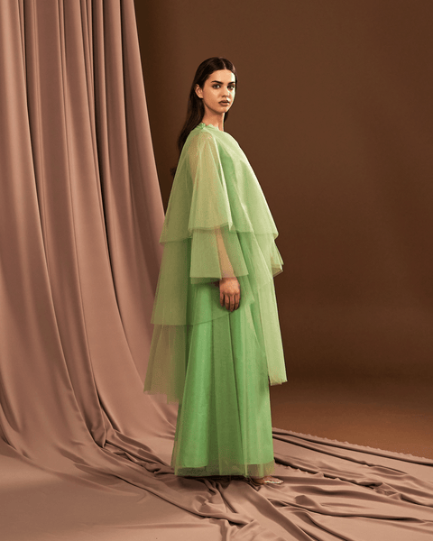 GREEN TULLE MULTILAYER DRAPED OVERLAY DRESS