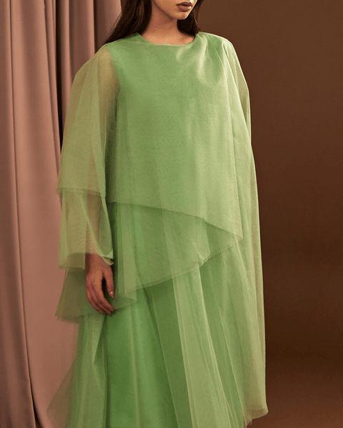 GREEN TULLE MULTILAYER DRAPED OVERLAY DRESS