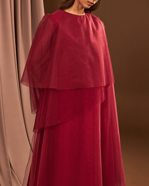 RED TULLE MULTILAYER DRAPED OVERLAY DRESS