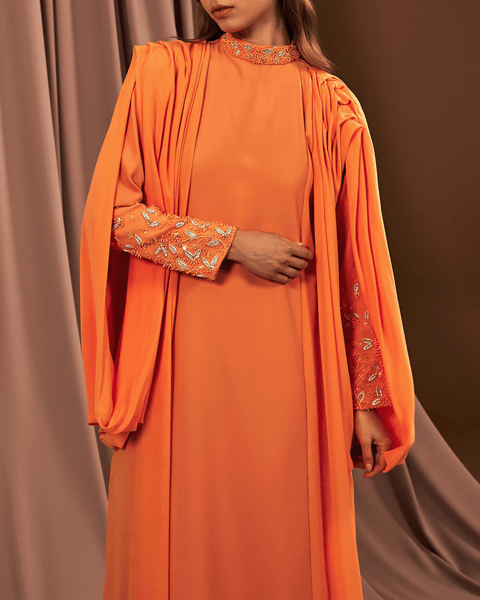 ORANGE LOOSE FIT DRESS WITH EMBROIDERED SLEEVES