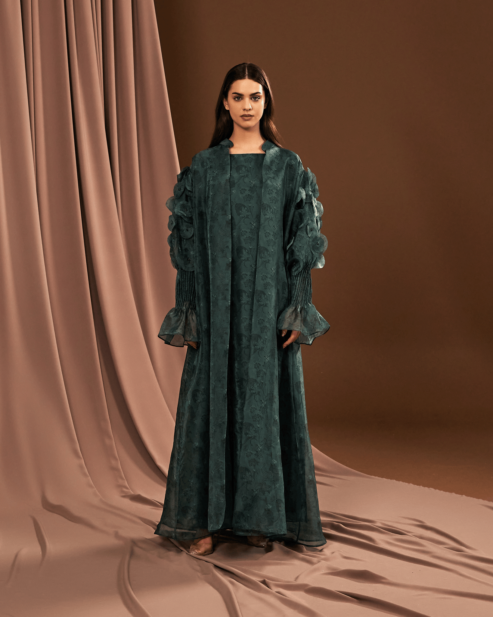 TEAL PRINTED ORGANZA ABAYA AND DRESS WITH LASER CUT EMBROIDERY