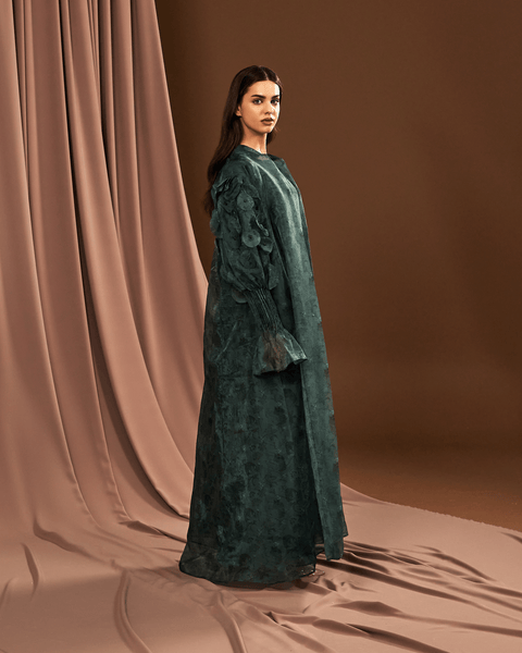 TEAL PRINTED ORGANZA ABAYA AND DRESS WITH LASER CUT EMBROIDERY