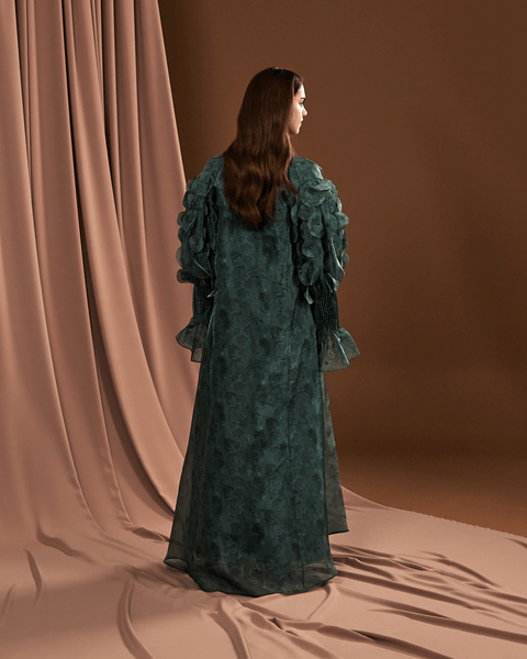 TEAL PRINTED ORGANZA ABAYA AND DRESS WITH LASER CUT EMBROIDERY