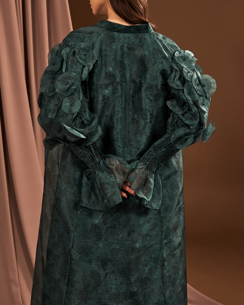 TEAL PRINTED ORGANZA ABAYA AND DRESS WITH LASER CUT EMBROIDERY