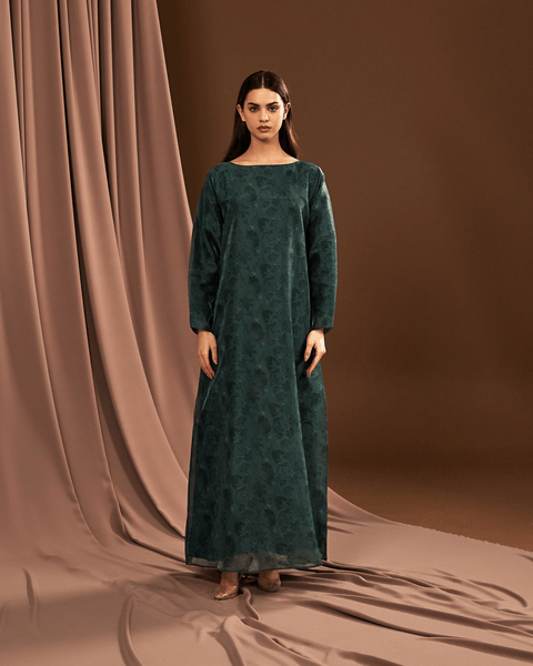 TEAL PRINTED ORGANZA ABAYA AND DRESS WITH LASER CUT EMBROIDERY