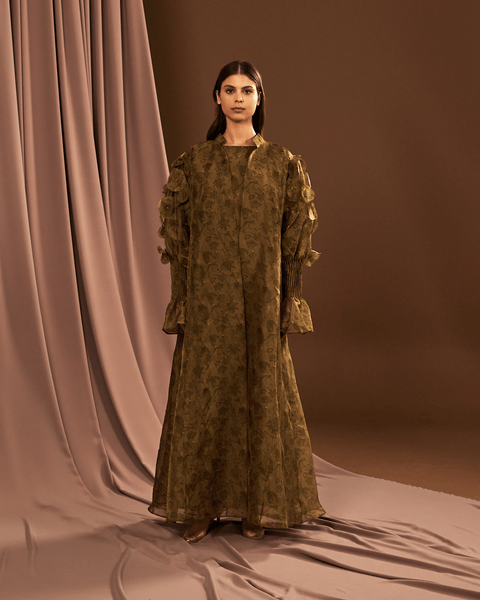 GREEN PRINTED ORGANZA ABAYA AND DRESS WITH LASER CUT EMBROIDERY