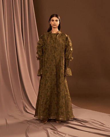 GREEN PRINTED ORGANZA ABAYA AND DRESS WITH LASER CUT EMBROIDERY