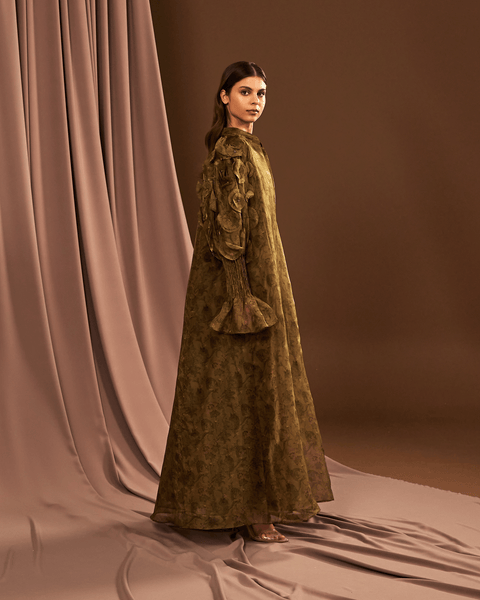 GREEN PRINTED ORGANZA ABAYA AND DRESS WITH LASER CUT EMBROIDERY