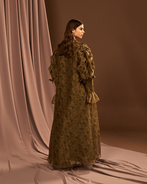 GREEN PRINTED ORGANZA ABAYA AND DRESS WITH LASER CUT EMBROIDERY