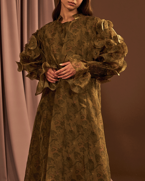 GREEN PRINTED ORGANZA ABAYA AND DRESS WITH LASER CUT EMBROIDERY