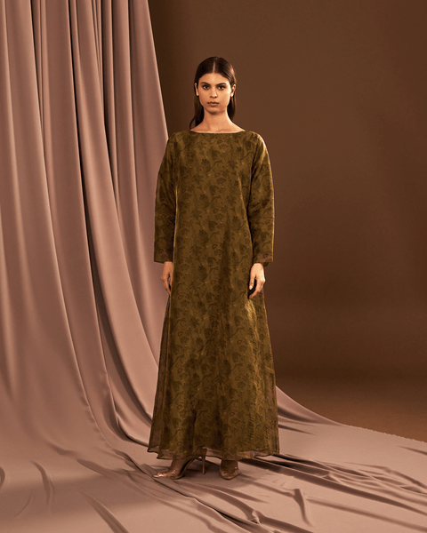 GREEN PRINTED ORGANZA ABAYA AND DRESS WITH LASER CUT EMBROIDERY