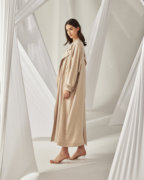 BEIGE SATIN COAT ABAYA AND BROWN JUMPSUIT WITH EMBROIDERY