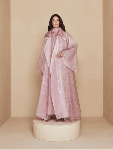 PINK MESH AND ORGANZA FLARED DRESS WITH ABAYA