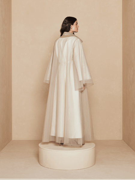 BEIGE PLAIN TULLE DOUBLE LAYERED ABAYA WITH TAFFETA INNER AND BELT