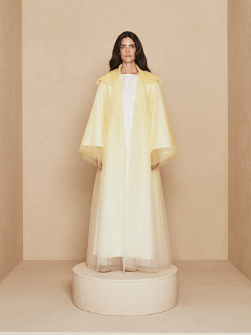 YELLOW OMBRE TULLE DOUBLE LAYERED ABAYA WITH TAFFETA INNER AND BELT