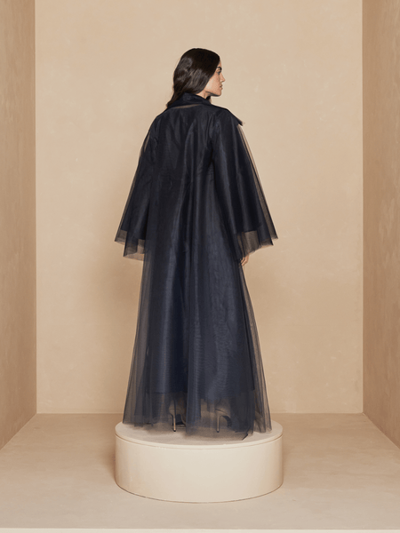 BLACK OMBRE TULLE DOUBLE LAYERED ABAYA WITH TAFFETA INNER AND BELT